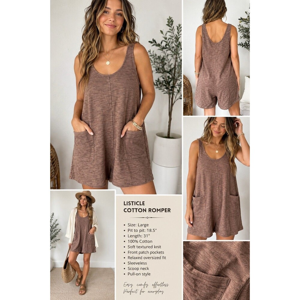 Listicle Boho Cotton Gauze Romper Womens Large Brown Cozy Lounge Pocket...